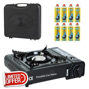 Camping Stove with Carry Case and 8 Butane Gas Canisters - Premium Portable Gas Stove EN417 Compliant With Heat Control