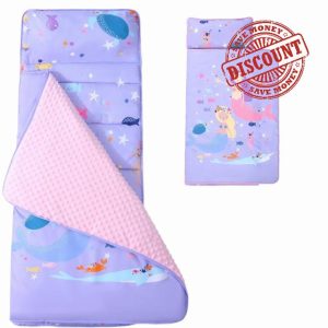Houolsator Toddler Nap Mat with Pillow and Blanket Anti-kick Thermal Sleeping Mat with Handle 47x20 Portable Roll Up Kids Sleep Bag Nap Mats for Daycare Preschool style1