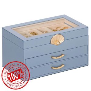 Jewellery Box with 2 Drawers : Jewellery Display Organiser for Earrings Necklaces - Gift for Girls Women | Grey Blue