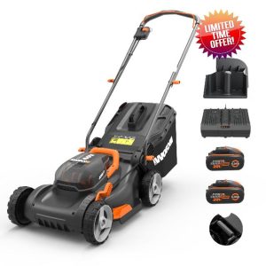 Worx WG743E.1 40V 40cm Cordless Lawnmower – Ideal for Medium to Large Gardens (Up to 500㎡) – Includes 2x 4.0Ah Batteries & Charger – IntelliCut™