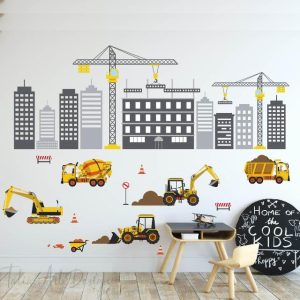 Custom City Skyline & Construction Truck Wall Decal - Boys' Room Removable Vinyl Stickers with Excavator