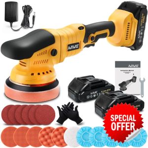 Cordless Car Polisher Buffer Sander 5inch Dual Action Polishing Machine Orbital DA Polish Kit 6 Speeds 2800-5800RPM with 2 2A 21V Battery for Car Boat Floor Polishing Buffing Scratch Removing