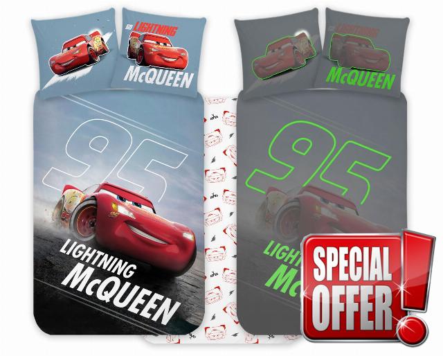 Disney Cars McQueen Cot Size Bedlinen Set 100x140 cm & Pillowcase 40x45 cm | Glow-in-the-Dark Duvet Set for Kids | Reversible Bedding Set for Boys & Girls | Soft & Breathable
