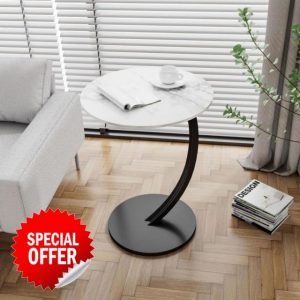 XRBCNMM Round side table Coffee table end Steel frame C-shaped design Easy to assemble Modern home décor Bedside Indoor (White Marble - Black Frame)