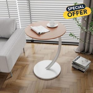 XRBCNMM Round side table Coffee table end Steel frame C-shaped design Easy to assemble Modern home décor Bedside Indoor (Light Brown - White Frame)