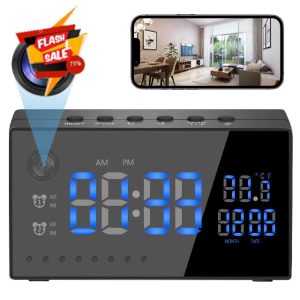HD1080P WiFi Spy Hidden Camera Clock Loop Recording Motion Detection Night Vision Live Remote Viewing Wireless Nanny Cam for Home Security Android/iOS Digital Alarm Clock Temperature Display