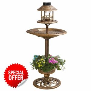 Taylor & Brown 3 In 1 Copper Effect Bird Bath & Table Bird Hotel Feeder with Solar Light and Planter Lightweight Fountain Decoration Garden Outdoor Birds Water
