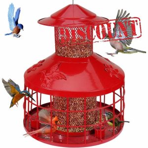 Squirrel Proof Bird Feeder - 4.2LB Red Metal Retractable Hanging Bird Feeder with 3 Water Cups