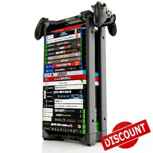 ADZ Universal Game Holder – 23 Game Storage Tower Rack for PS2 PS3 PS4 PS5 PSP Xbox 360 Xbox One Series X Wii Switch Games DVD and Blu-Ray Disks. Includes 2 Controller Mounts (Black)