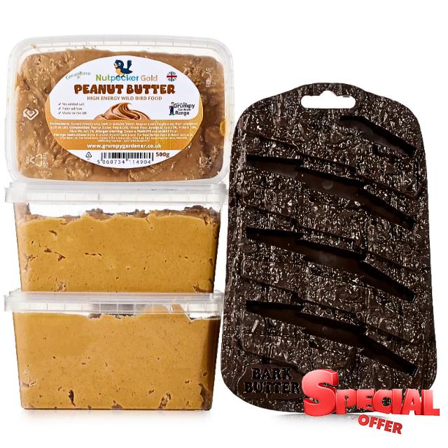 Grumpy Gardener Peanut Butter Bird Food – 3 Suet Tubs of 500g Bird Peanut with Bark Feeder Hanging Station