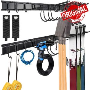 Tool Rack Wall Mount Garage Garden Tool Organizer 64 Inches Garden Tool Holder with 4 Rails & 12 Adjustable Hooks for Hoses