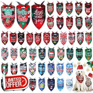 Abbylike 50 Pcs Christmas Plaid Dog Bandanas Bulk Holiday Dog Scarf Bibs Puppy Bandanas Adjustable Washable Kerchief Pet Costume Accessories Grooming Supplies for Small to Large Cats Dogs
