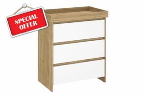 Kids 880 Baby Changing Unit – Cremona Oak-White 3-Drawer Dresser (W80 x D50 x H92 cm) for Nursery