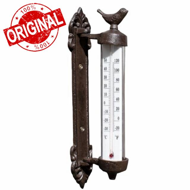 Cast Iron Bird Wall Thermometer Antique Brown Rustic Window Frame Garden Decor