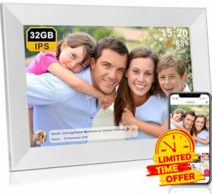 FRAMEO WiFi Digital Photo Frame 10.1 Inch- Large 32Gb Memo | 1280x800 HD IPS Touch Screen | Weather Temperature Forecast | Time Clock | Slideshow | Share Photos/Videos via the Frameo App
