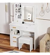 Vanity Desk with Sliding Mirror,Bedroom Dressing Table, Makeup Desk with 6 Drawers, Open Shelves,...
