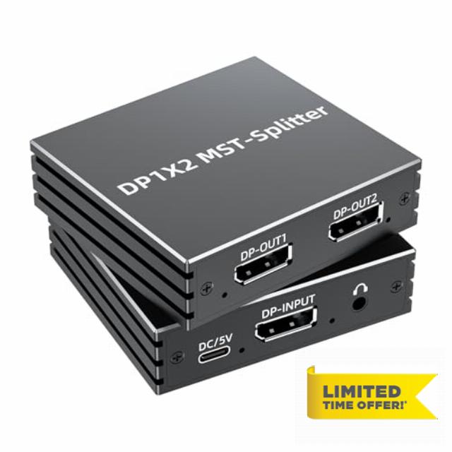 BolAAzuL MST DisplayPort Splitter Hub 1 in 2 out for Dual Monitors 4K@144Hz/120Hz with Audio Port DisplayPort to Dual Displayport Adapter 1 to 2 w/Power for Multitasking Extend Mirror Display