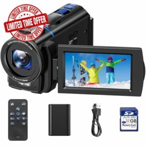 CAMWORLD 4K Video Camera Camcorder 48MP YouTube Vlogging Camera Night Vision 3” 270° Rotatable Touchscreen Podcast Camcorder Video Recorder with 32GB SD Card