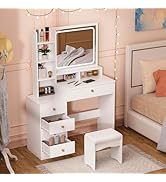 Tuelaly Dressing Table with LED Lights, Vanity Desk with Mirror/4 Drawers/Cushioned Stool, Makeup...
