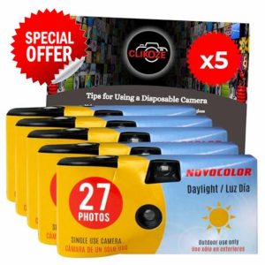 Disposable Camera Bundle with Novocolor Daylight Single Use Camera 27 Exposures and Clikoze Photography Tips Card (5 cameras)