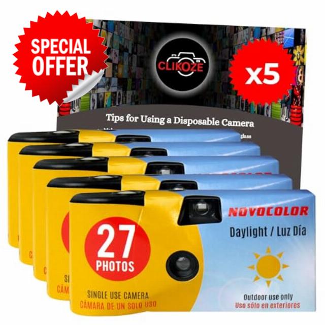 Disposable Camera Bundle with Novocolor Daylight Single Use Camera 27 Exposures and Clikoze Photography Tips Card (5 cameras)