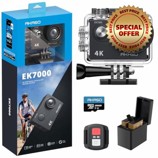 AKASO EK7000 4K30FPS Action Camera with 128GB microSDXC Memory Card - 20MP Ultra HD 170 Degree Wide Angle Waterproof Underwater Camera with Accessory Ki