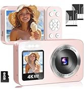 Digital Camera 4K 64MP with 64G SD Card, Front and Rear Dual Screens, 18X Digital Zoom Mini Compa...