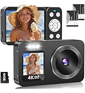 Digital Camera 4K 64MP with 64G SD Card, Front and Rear Dual Screens, 18X Digital Zoom Mini Compa...