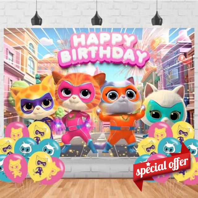 Super Kitties Birthday Party Backdrop Photo Background Cute Cartoon Cats Birthday Party Decorations Banner Super Kitties Girls Theme Photography Backdrop