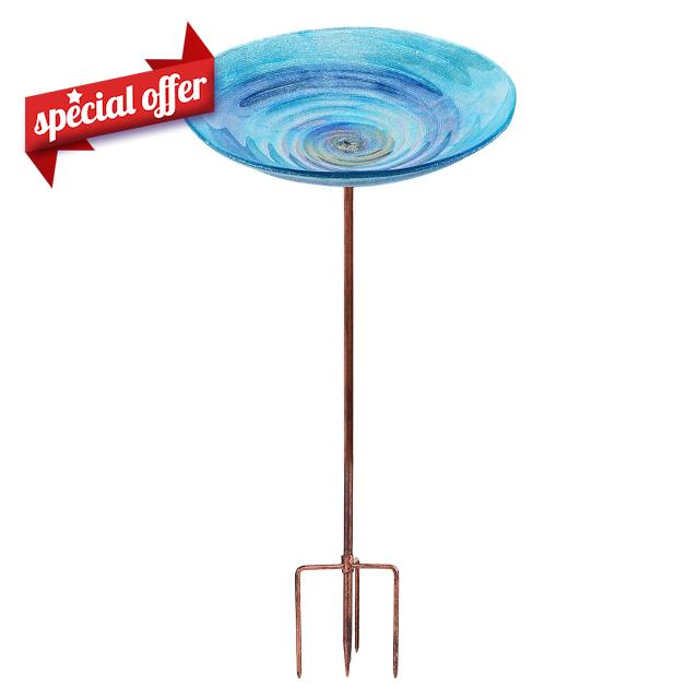 26 Inch Height Glass Bird Baths Birdfeeders with Metal Stake for Garden Lawn Yard Blue