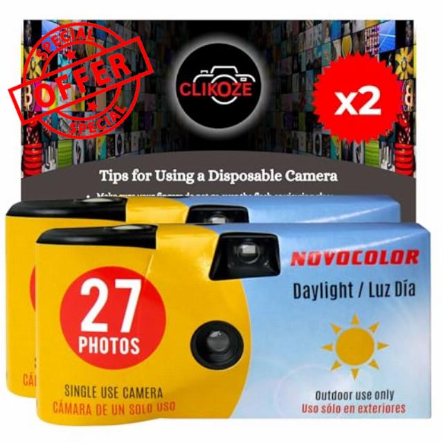 Disposable Camera Bundle with Novocolor Daylight Single Use Cameras 27 Exposures and Clikoze Photography Tips Card (2 Cameras)