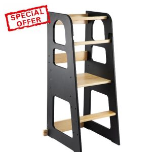 Tower Wooden Step Stool 3 Adjustable Heights Kitchen Stool for Kitchen Counter Perfect Parent Helper Black