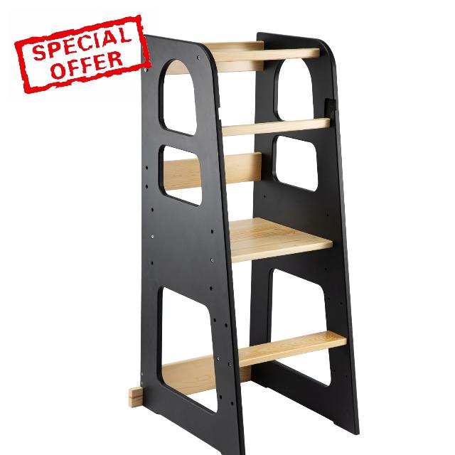 Tower Wooden Step Stool 3 Adjustable Heights Kitchen Stool for Kitchen Counter Perfect Parent Helper Black