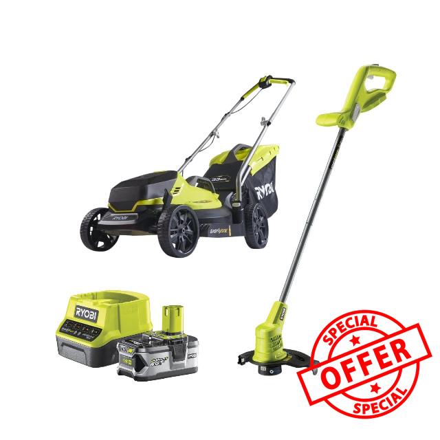 Ryobi 18V ONE+ Cordless Lawnmower and Grass Trimmer Kit (1 x 4.0Ah)