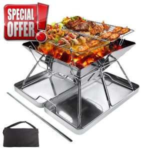 Portable Fire Pit for Camping: Collapsible Stainless Steel Grill with iron Carry box