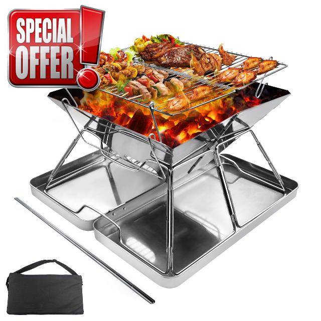 Portable Fire Pit for Camping: Collapsible Stainless Steel Grill with iron Carry box