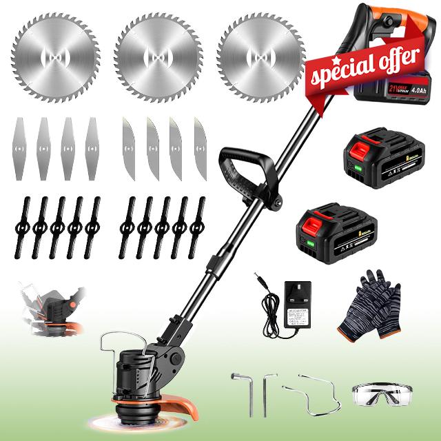 Strimmer Cordless Telescopic Lightweight Grass Trimmer Garden Strimmer Electric Cordless with 2 × 21V Lithium Battery Fast Charger and Four Kinds Spare Blades Brush Cutter for Garden Clearing Weeds