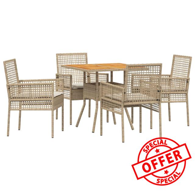 idaXL Outdoor Dining Set - 5-Piece Beige Rattan Effect Plastic Patio Furniture - Square 4-Seater Table with Chairs - Compact for Balcony/Garde