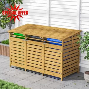 Warmiehomy Wheelie Bin Storage Triple Wheelie Bin Hideaway Outdoor 3 Bins Shed Wooden Wheel Bins Storage Garden Large Garbage Store 191cm x 86cm x 122cm