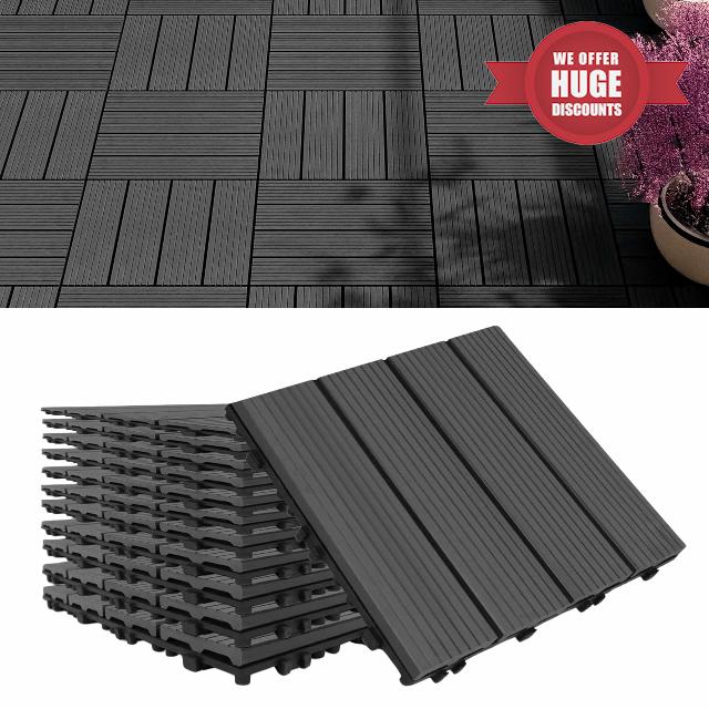 Pack of 8 Durable Composite Decking Tiles - Garden Patio and Outdoor Deck Areas – Easy to Install Interlocking Click System (DARK GREY)
