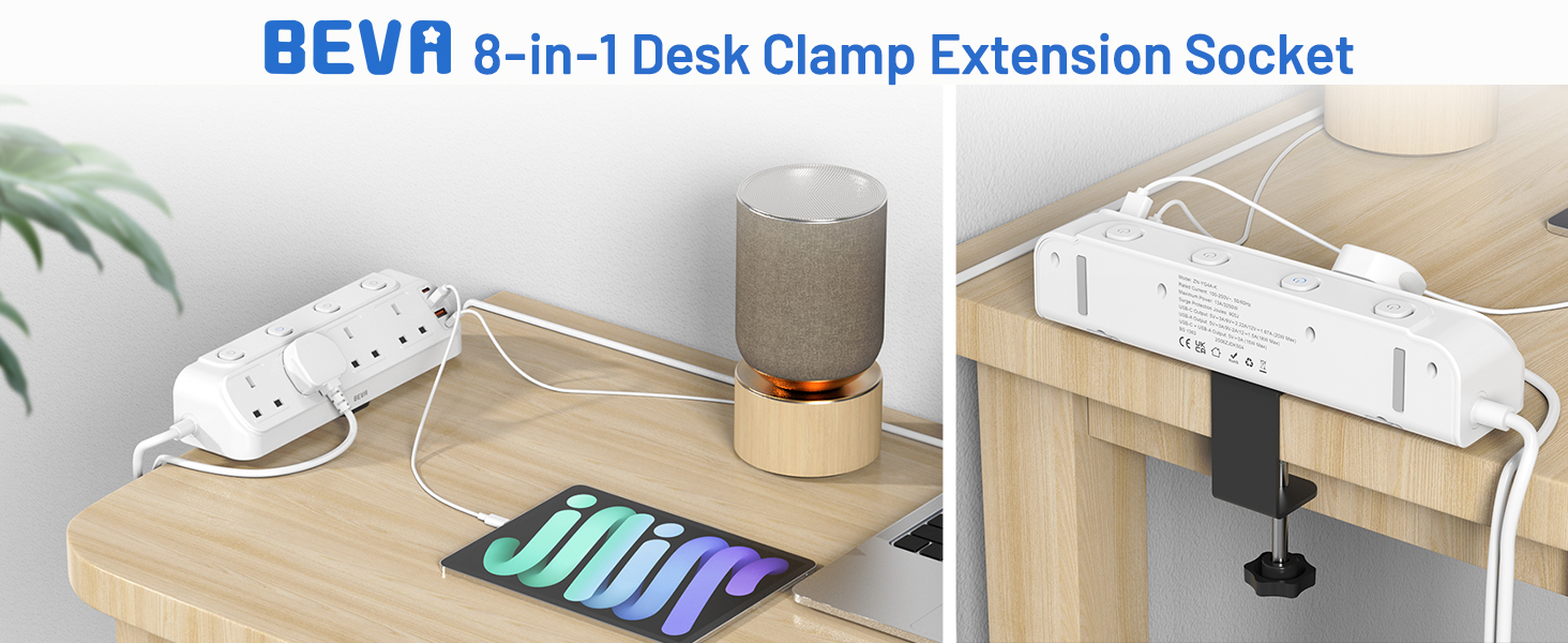 Text reads 'BEVR 8-in-1 Desk Clamp Extension Socket'. Product showcase of desk-mounted power strip with multiple mounting positions and configurations on wooden surfaces.