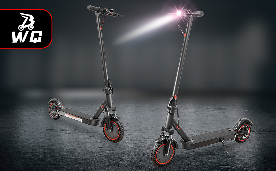 Series of black electric scooters shown from different angles against a dark background, featuring LED lights and folding design.