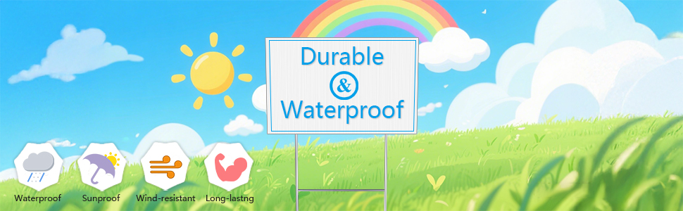 Diagram of outdoor sign features: 1.4mm corrugated plastic, galvanized steel frame, easy installation, and smooth electroplated surfaces. Shown with dimensions and weatherproof claim.