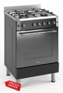 Ferre F6IP40GF-IBL-RETRO 60cm Freestanding Gas Cooker With Wok Burner & Turbo Fan - Shiny Stainless Steel & Black            [Energy Class A]