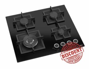 Ferre SC325/W - 60cm Built-in Gas Hob - 4 Burners - Wok Burner - Black Glass - Cast Iron Pan Supports