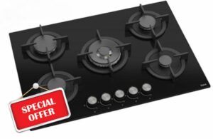 Ferre RC035-75cm Built-in Gas Hob - 5 Burners - Black Glass - Cast Iron Pan Supports