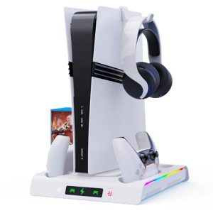 Dual Controller Charging Station for PS5/Slim/Pro Console with 5 Game Slot and 3 USB Ports