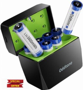 Oddtone 8 Pack 1.5V Lithium AA Rechargeable Batteries with Charger