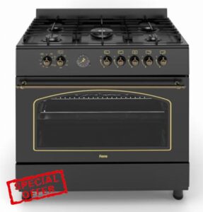 Ferre F9H50E7-BL-RETRO 90cm Dual Fuel Range Cooker With Double Turbo Fan & 5 Burner(1 Wok) - Matte Black            [Energy Class B]