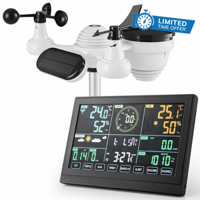 Warmiehomy WiFi Weather Stations with 7-in-1 Wireless Outdoor Solar Powered Sensor and LCD Color Display
